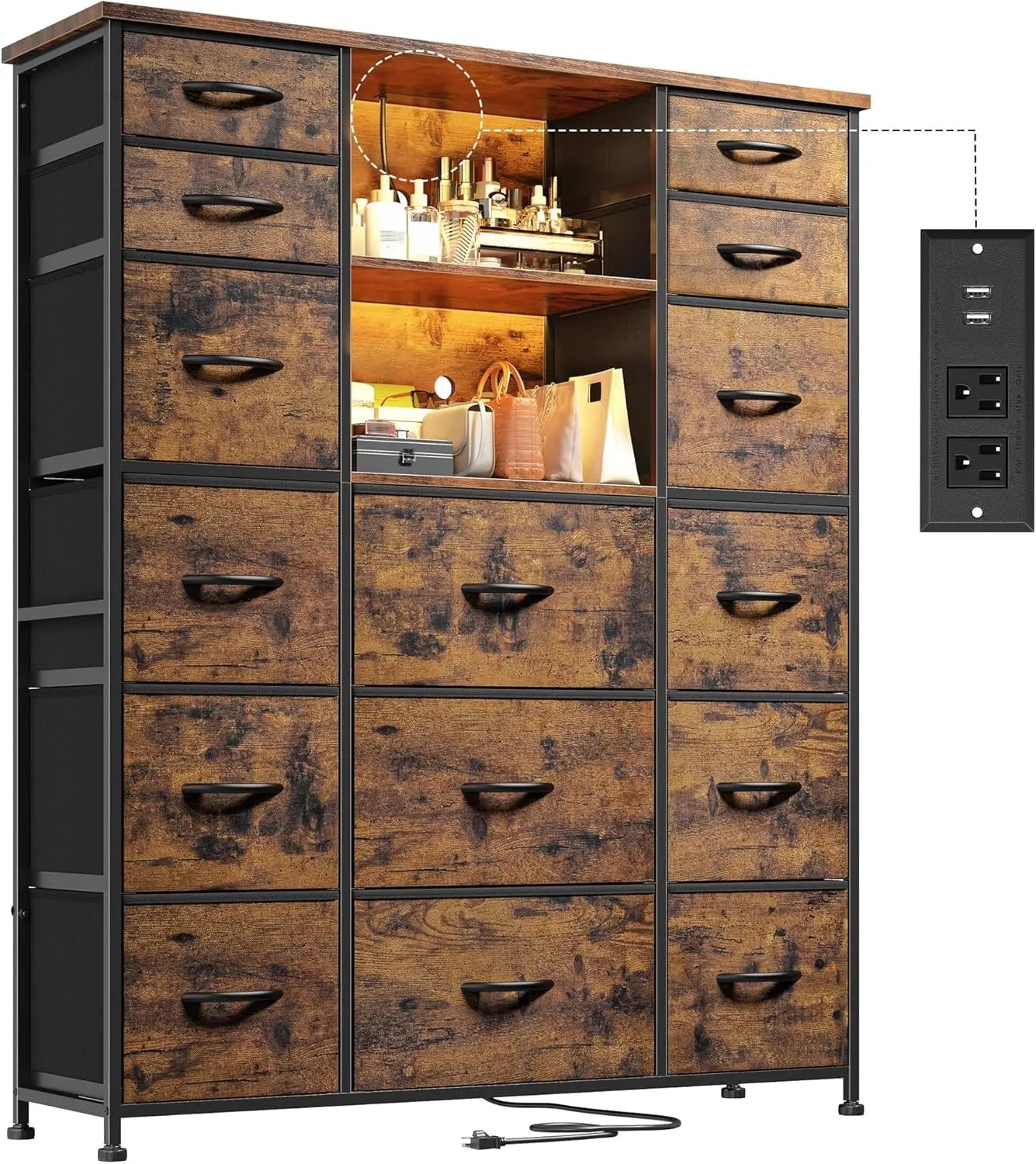Tall Dresser with 15 Drawers Dresser for Bedroom with Charging Station & LED Lights & Hutch Sturdy Black Bedroom Dressers