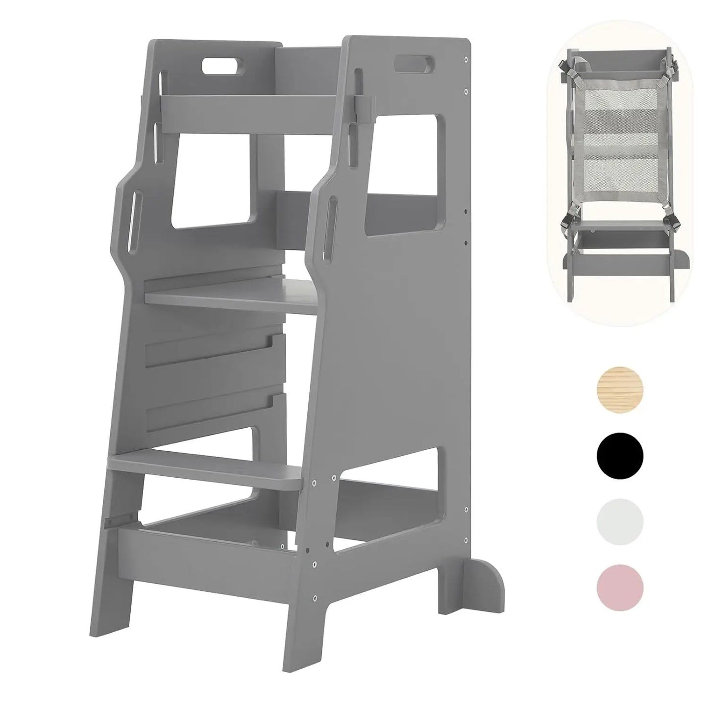 Toddler Tower with Safety Net, Kids Kitchen Step Stool, 3-Level Height Adjustable Toddler Stool Helper, Child Stand Tower