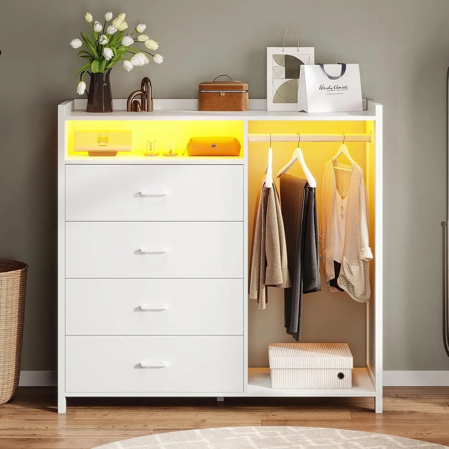 Dresser for Bedroom with Clothing Rack, Dressers& Chests of Drawers, 4 Drawer Dresser with LED Lights, Modern Long Led Dresser