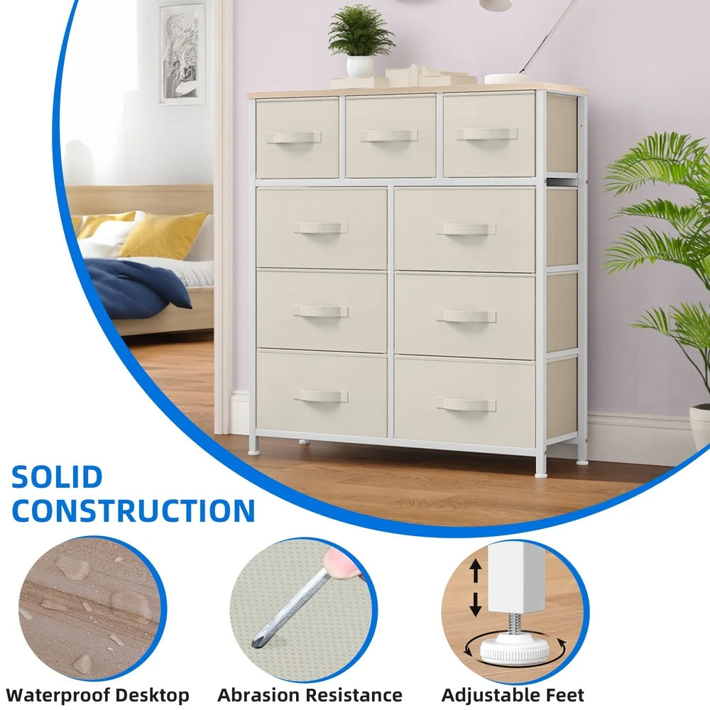 9 Drawer Dresser Storage Chest Fabric Organizers Adults and Teens Metal Frame Wooden Top Easy Assembly Versatile Home Storage