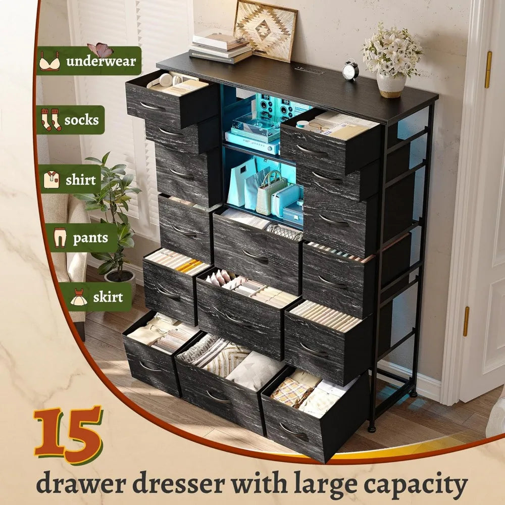 Tall Dresser with 15 Drawers Dresser for Bedroom with Charging Station & LED Lights & Hutch Sturdy Black Bedroom Dressers