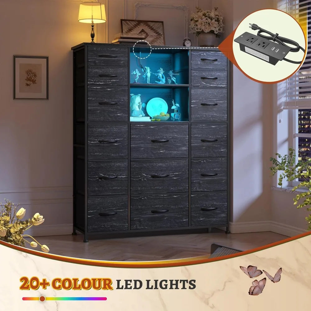 Tall Dresser with 15 Drawers Dresser for Bedroom with Charging Station & LED Lights & Hutch Sturdy Black Bedroom Dressers