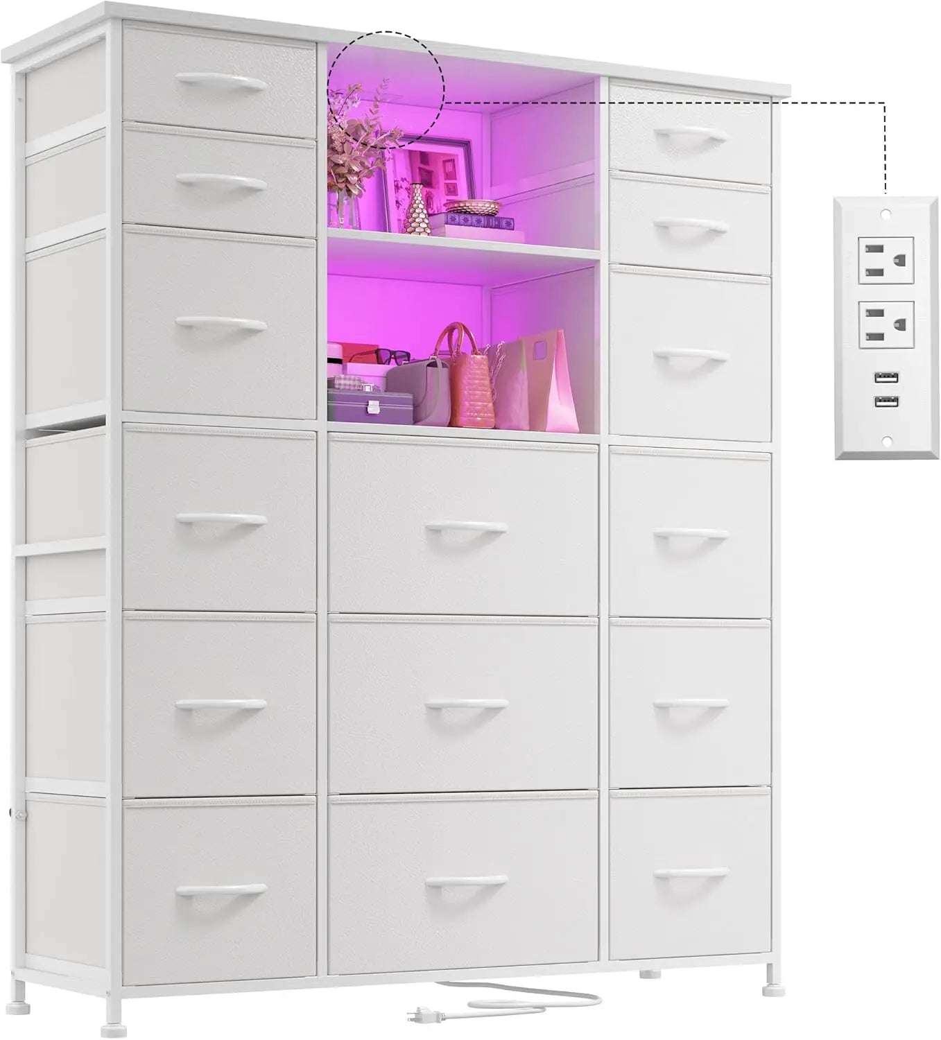 Tall Dresser with 15 Drawers Dresser for Bedroom with Charging Station & LED Lights & Hutch Sturdy Black Bedroom Dressers