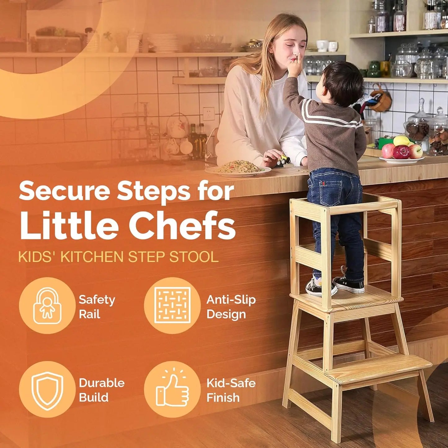 Kids Kitchen Step Stool With Safety Rail, 150Lb Acity, For 18-36 Months Old, Natural