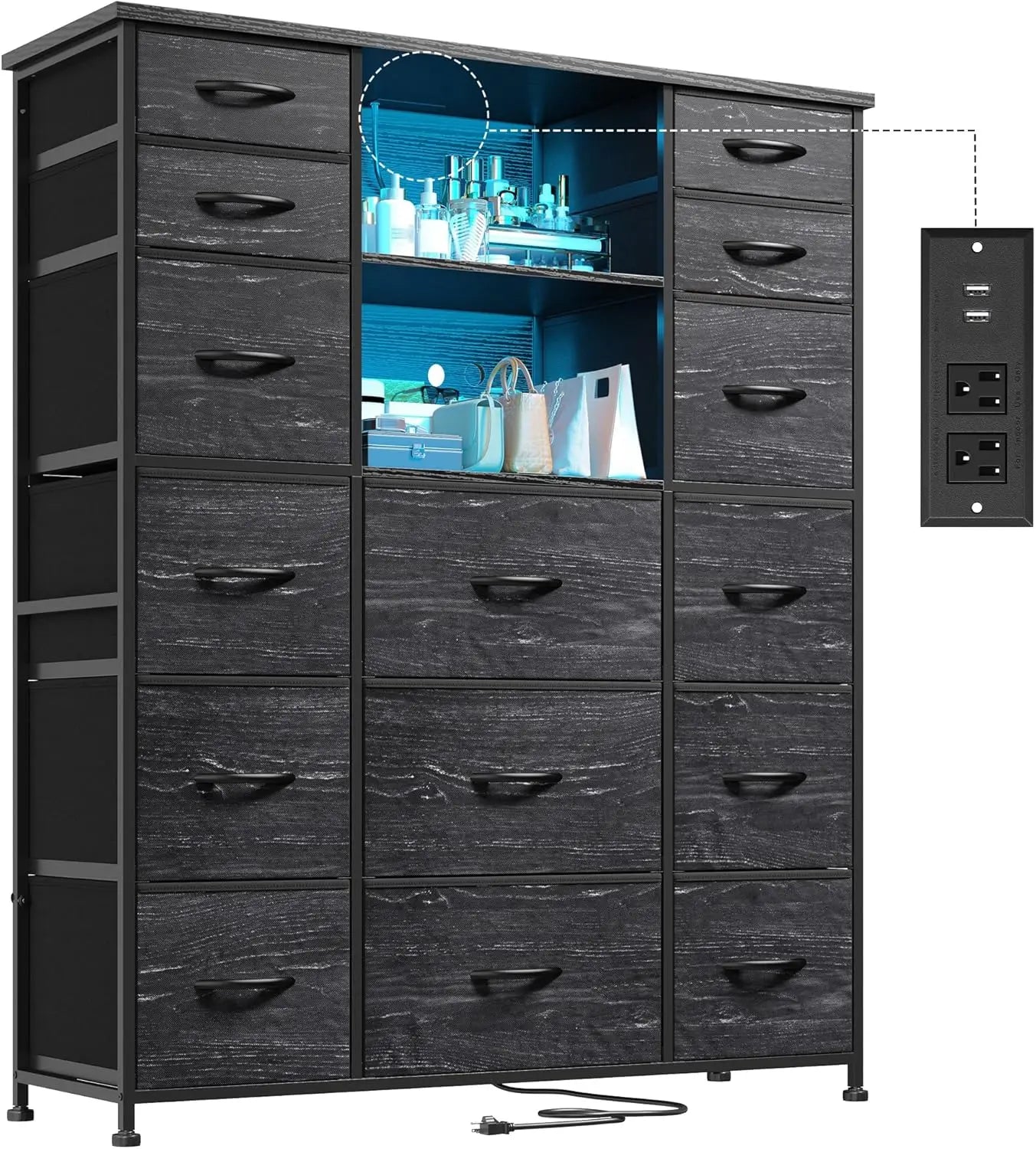 Tall Dresser with 15 Drawers Dresser for Bedroom with Charging Station & LED Lights & Hutch Sturdy Black Bedroom Dressers