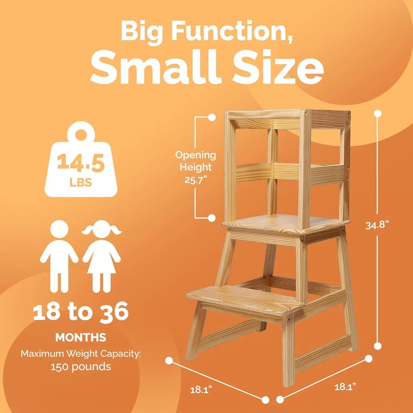 Kids Kitchen Step Stool With Safety Rail, 150Lb Acity, For 18-36 Months Old, Natural