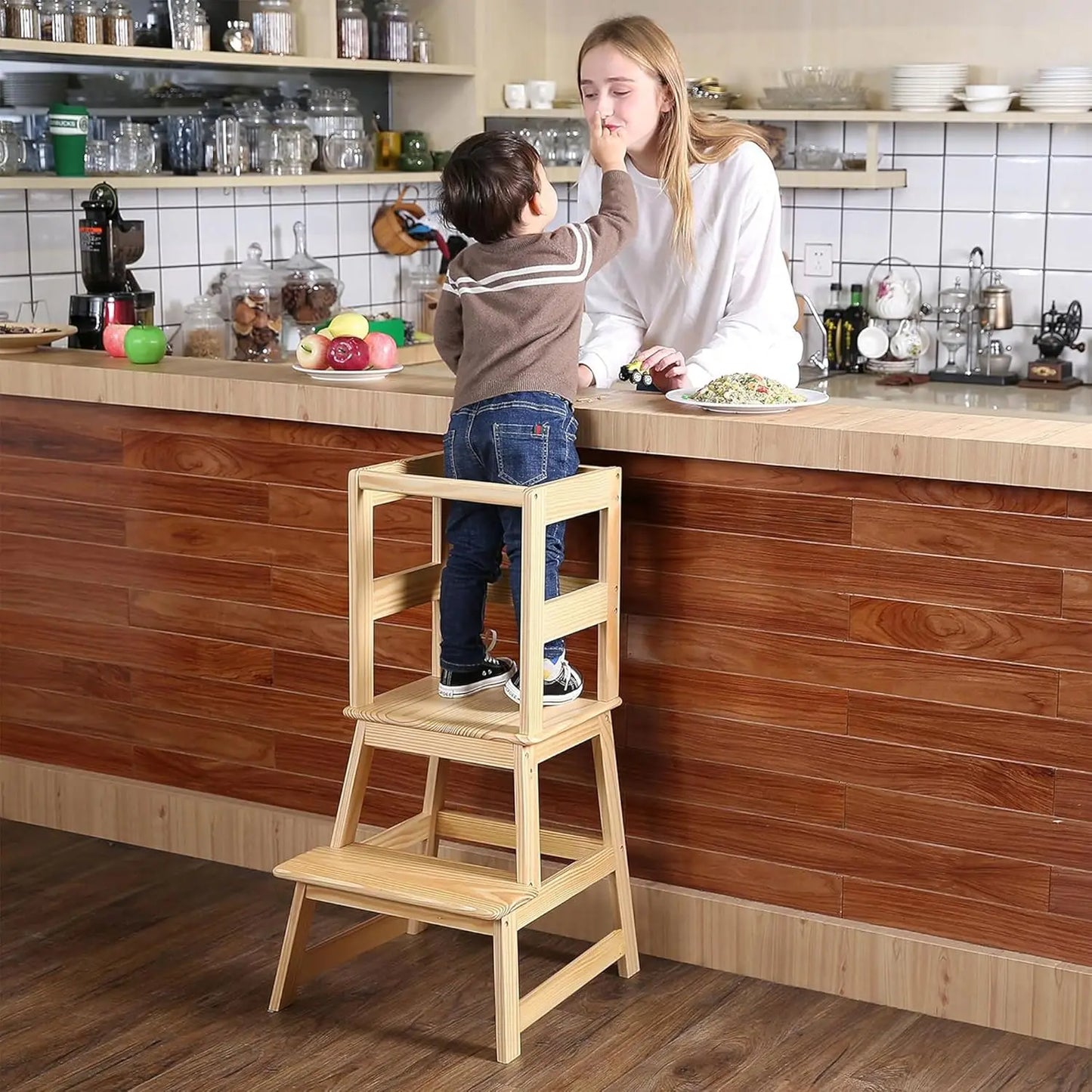 Kids Kitchen Step Stool With Safety Rail, 150Lb Acity, For 18-36 Months Old, Natural