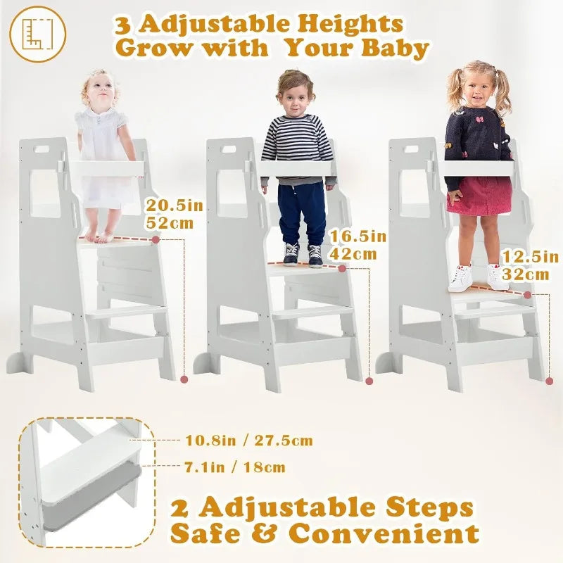 Toddler Tower with Safety Net, Kids Kitchen Step Stool, 3-Level Height Adjustable Toddler Stool Helper, Child Stand Tower