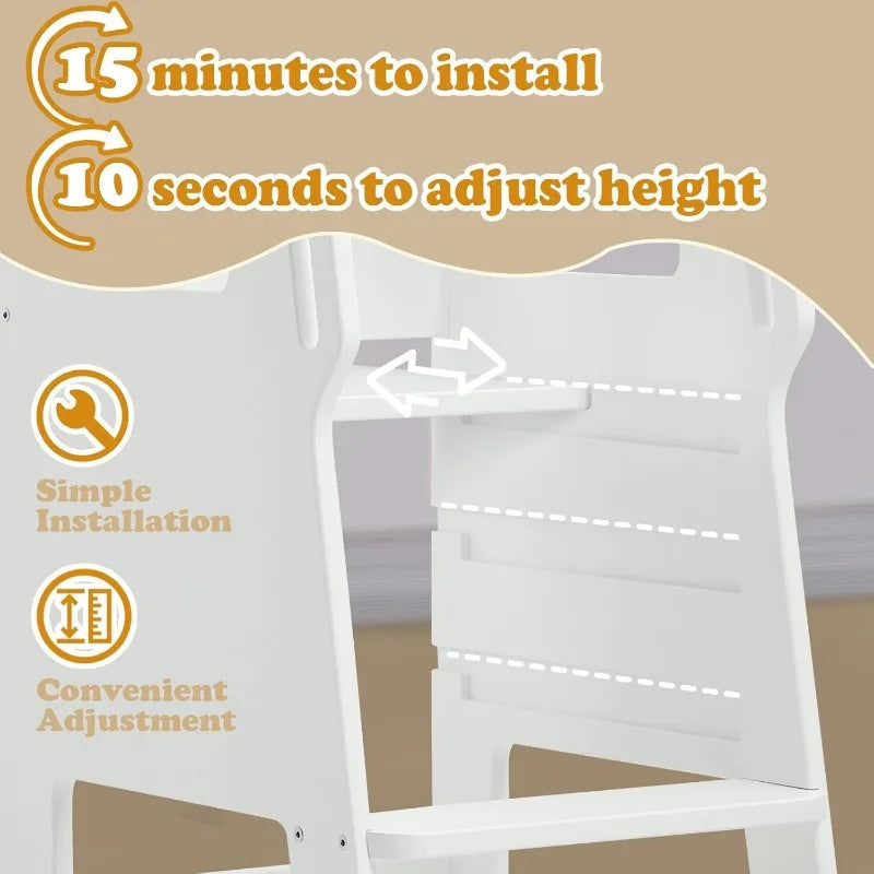 Toddler Tower with Safety Net, Kids Kitchen Step Stool, 3-Level Height Adjustable Toddler Stool Helper, Child Stand Tower