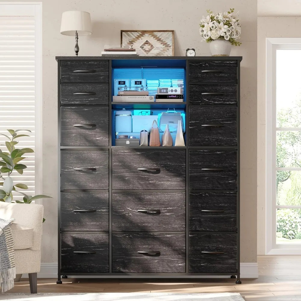 Tall Dresser with 15 Drawers Dresser for Bedroom with Charging Station & LED Lights & Hutch Sturdy Black Bedroom Dressers