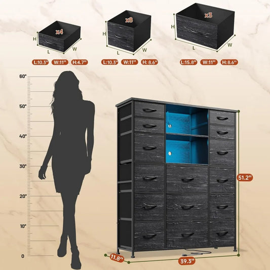Tall Dresser with 15 Drawers Dresser for Bedroom with Charging Station & LED Lights & Hutch Sturdy Black Bedroom Dressers