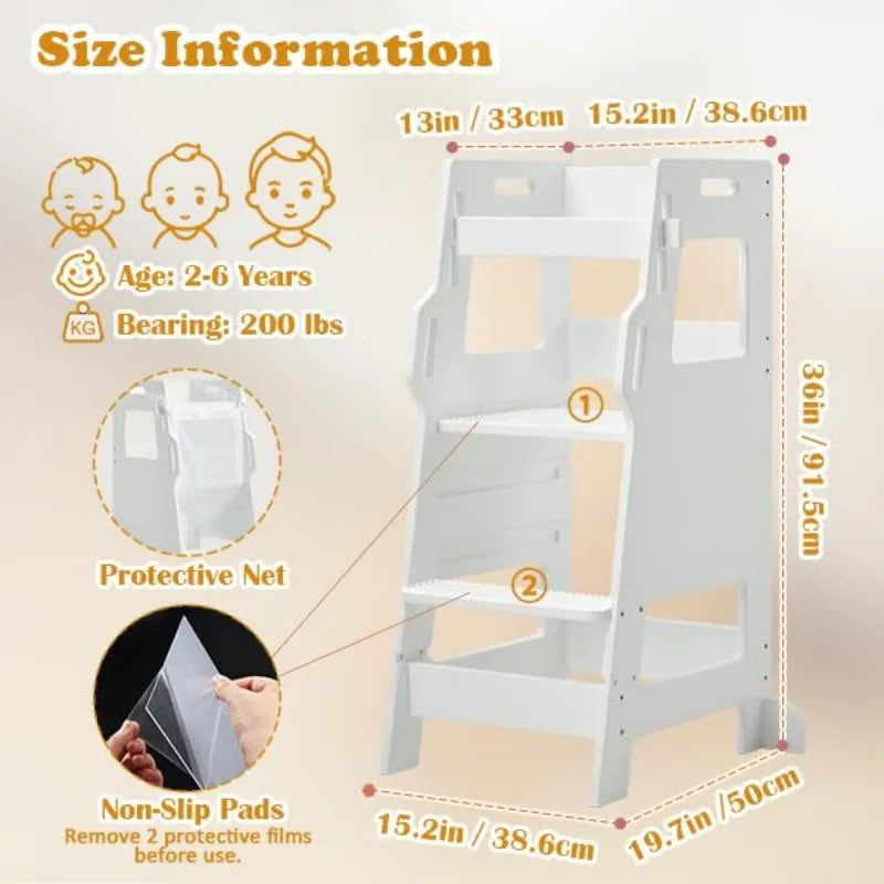 Toddler Tower with Safety Net, Kids Kitchen Step Stool, 3-Level Height Adjustable Toddler Stool Helper, Child Stand Tower