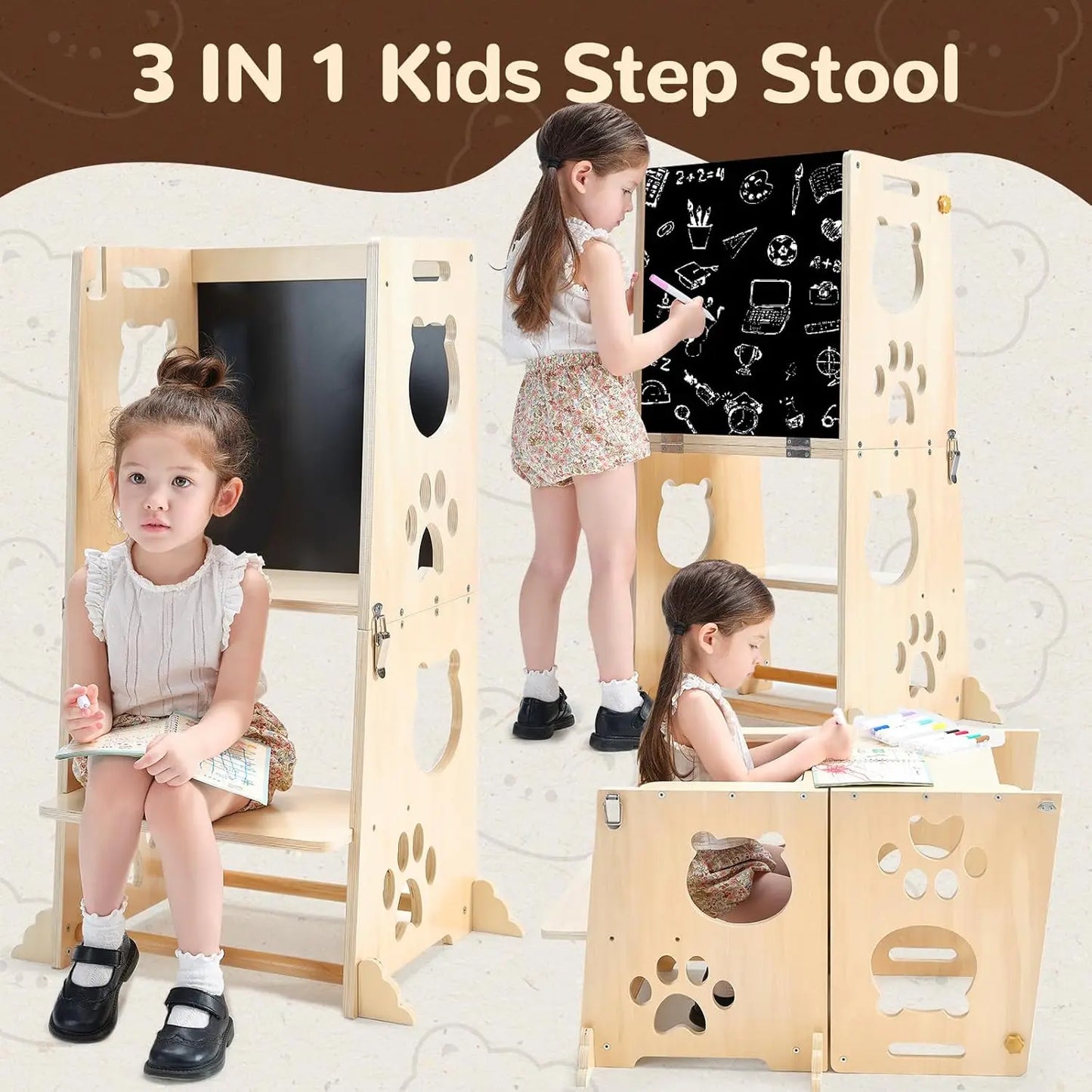 Collapsible Toddler Kitchen Step Stool With Chalkboard, Safety Rail, And Standing Tower For Kids 1-3