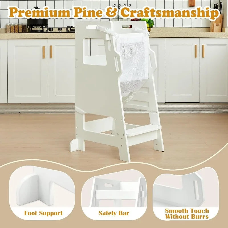 Toddler Tower with Safety Net, Kids Kitchen Step Stool, 3-Level Height Adjustable Toddler Stool Helper, Child Stand Tower