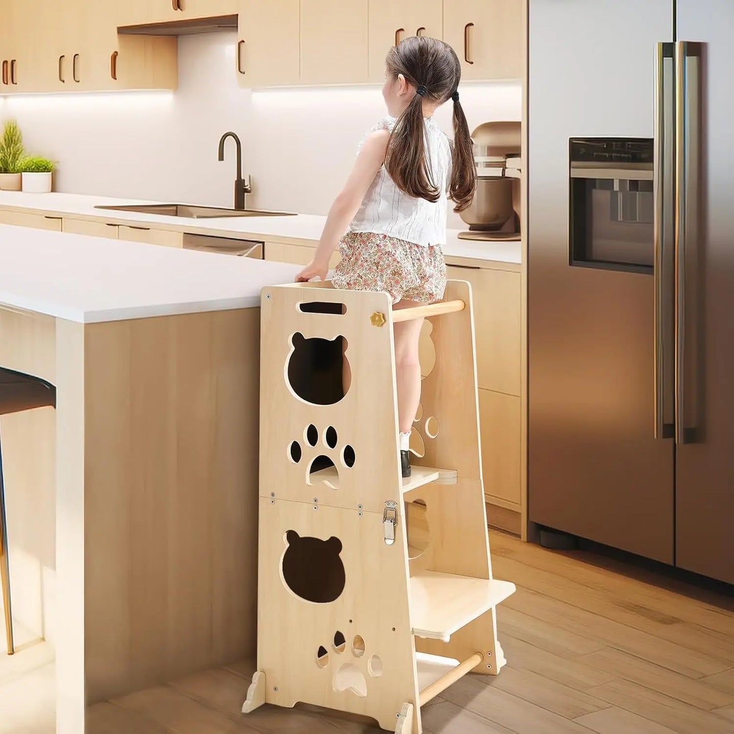 Collapsible Toddler Kitchen Step Stool With Chalkboard, Safety Rail, And Standing Tower For Kids 1-3