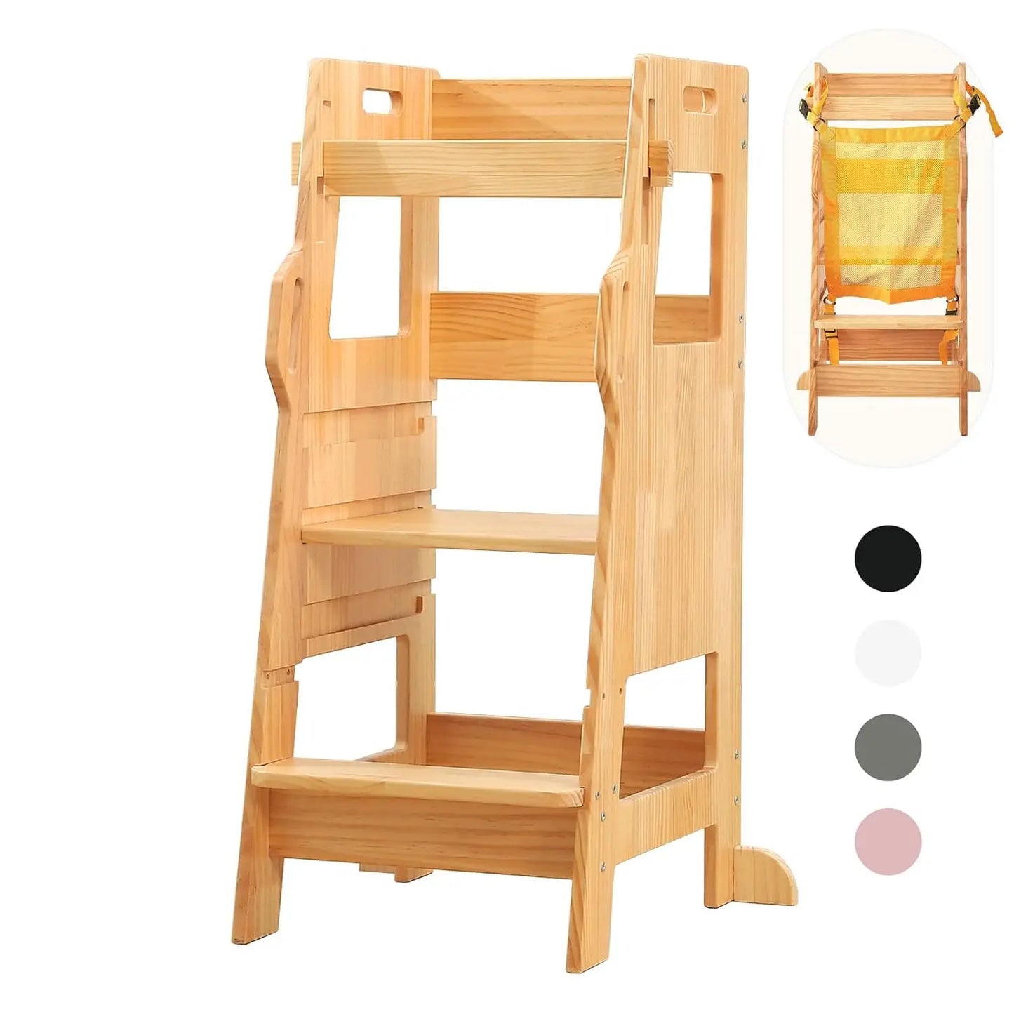 Toddler Tower with Safety Net, Kids Kitchen Step Stool, 3-Level Height Adjustable Toddler Stool Helper, Child Stand Tower